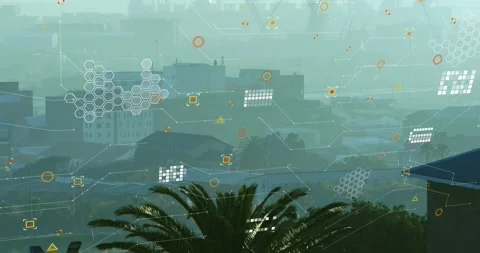 Haze lifting, soft HUD overlay appearing and drifting, nodes mapping data across Stock Footage 322119253