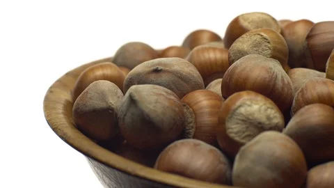 Hazel nuts in nutshell. Rotation. Closeup. Selective focus. Isolated on white. Stock Footage 101552359