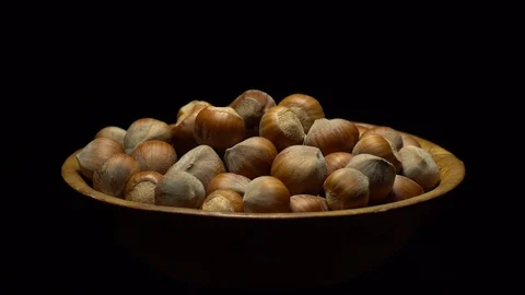 Hazel nuts in nutshell. Rotation. Closeup. Selective focus. Black background. Stock Footage 101553319