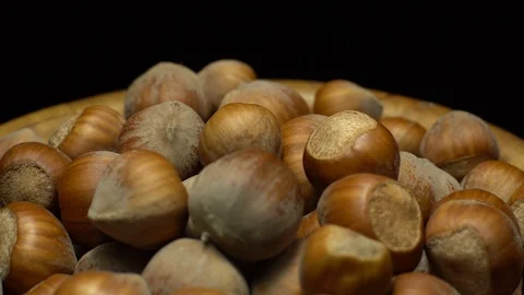 Hazel nuts in nutshell. Rotation. Closeup. Selective focus. Black background. Stock Footage 101553404
