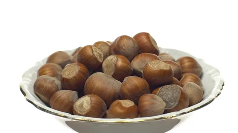 Hazel nuts in nutshell. Rotation. Closeup. Selective focus. Isolated on white. Stock Footage 101555025