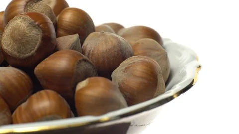 Hazel nuts in nutshell. Rotation. Closeup. Selective focus. Isolated on white. Stock Footage 101555644