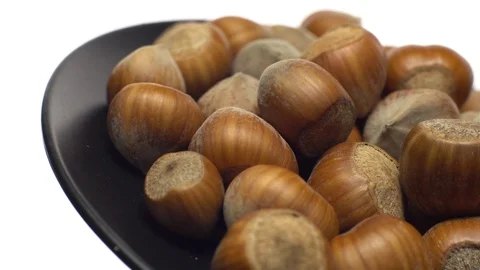 Hazel nuts in nutshell. Rotation. Closeup. Selective focus. Isolated on white. Stock Footage 101556353