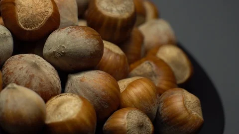 Hazel nuts in nutshell. Rotation. Closeup.  Walnuts in a bowl. Grey background. Stock Footage 101556447