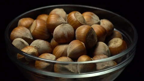 Hazel nuts in nutshell. Rotation. Closeup. Selective focus. Black background. Stock Footage 101556782