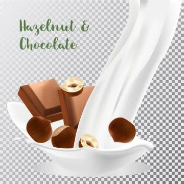 Hazelnut and chocolate with a splash of milk. 3d realistic vector Stock Illustration