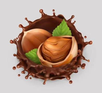 Hazelnut and chocolate splash. Realistic illustration. 3d vector icon Stock Illustration