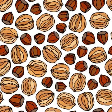 Hazelnut and Walnut Seamless Endless Pattern. Whole and Peeled Hazelnut. Autu Stock Illustration