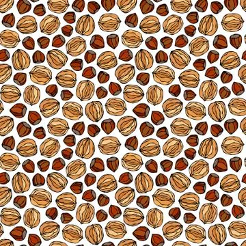 Hazelnut and Walnut Seamless Endless Pattern. Whole and Peeled Hazelnut. Autu Illustrazione stock