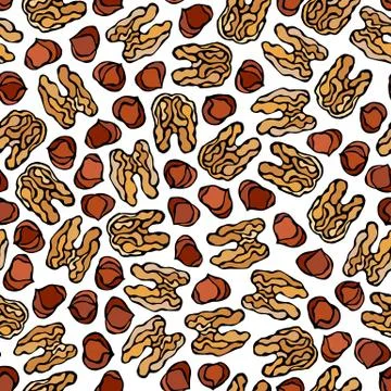 Hazelnut and Walnut Seamless Endless Pattern. Whole Peeled Hazelnut. Autumn o Stock Illustration