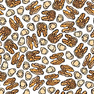 Hazelnut and Walnut Seamless Endless Pattern. Whole Peeled Hazelnut. Autumn o Illustrazione stock