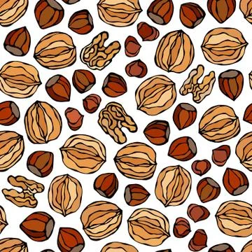 Hazelnut and Walnut Seamless Endless Pattern. Whole and Peeled Hazelnut. Autu Illustrazione stock