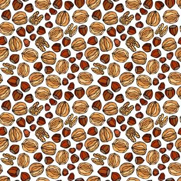 Hazelnut and Walnut Seamless Endless Pattern. Whole and Peeled Hazelnut. Autu 스톡 일러스트