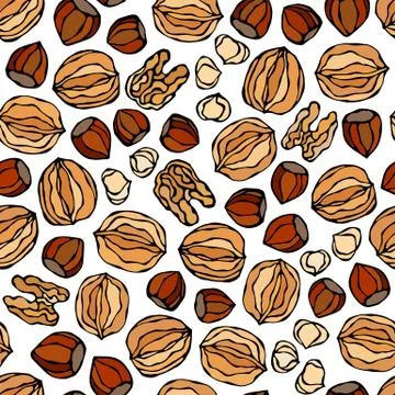 Hazelnut and Walnut Seamless Endless Pattern. Whole and Peeled Hazelnut. Autu Stock Illustration