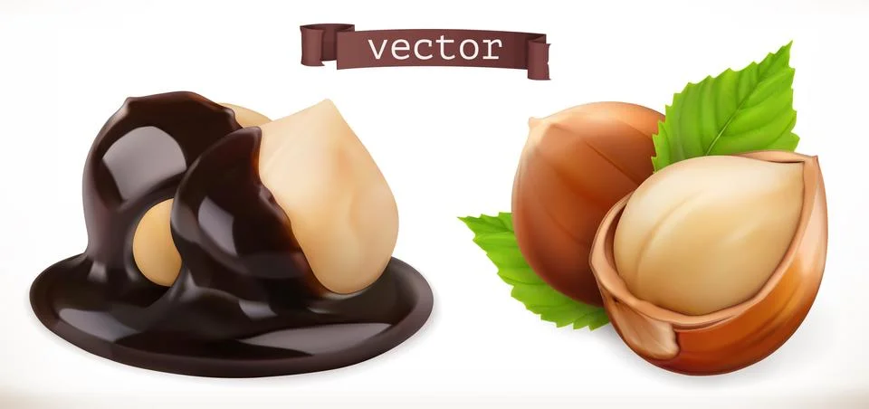 Hazelnut in chocolate. 3d realistic vector icon Stock Illustration