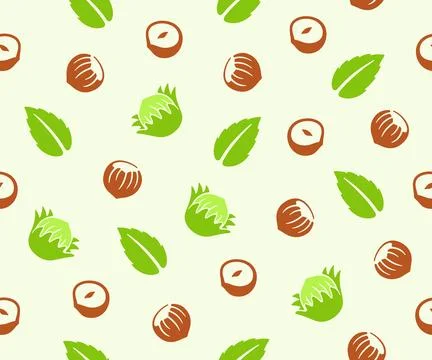 Hazelnut, cobnut, filbert, nut, leaves and plant, seamless vector background Stock Illustration