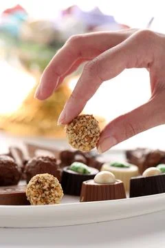 Hazelnut dipped chocolate chips Stock Photos