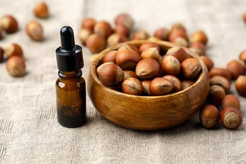 Hazelnut essential oil, nutritious elements. Seasonal nuts use in food and .. Stock Photos