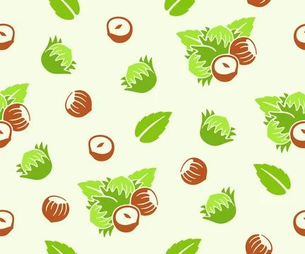 Hazelnut, filbert, cobnut, nut, leaves and plant, seamless vector background Illustrazione stock