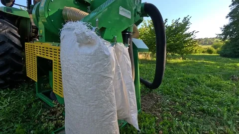 Hazelnut Harvesting Machine Collecting Crop Into Large Bag Stock-Footage 345501928
