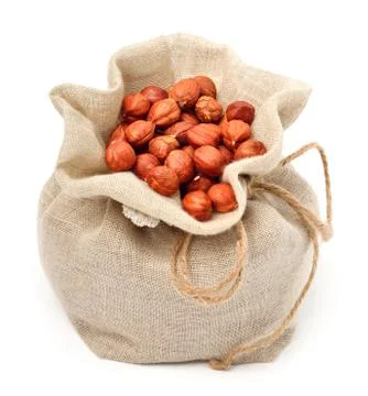 Hazelnut i the sack bag Stock Photos