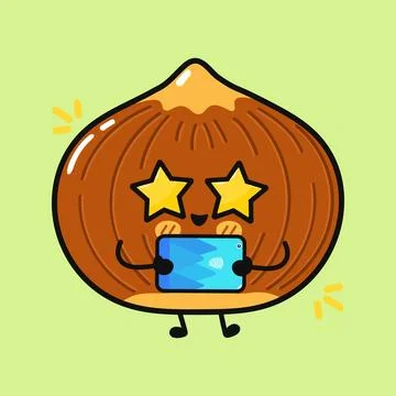Hazelnut mascot character using a tablet with star eyes 스톡 일러스트