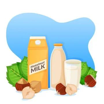 Hazelnut milk in packaging, bottle and glass, vector flat cartoon illustratio Stock Illustration