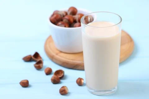 Hazelnut milk on the table. Vegetable milk, Vegetarian milk. Fotos Stock