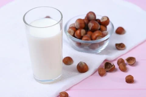 Hazelnut milk on the table. Vegetable milk, Vegetarian milk. Stock-Fotos