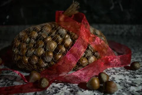 Hazelnut Netting Brown Nuts Red Ribbon Stock Photos