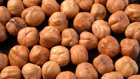 Hazelnut nuts lie on black surface. Nuts macro Stock Photos