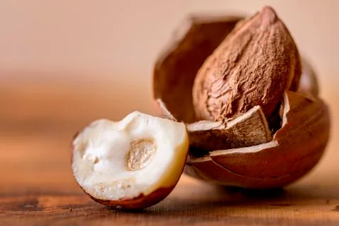 Hazelnut in nutshell on wood Stock Photos