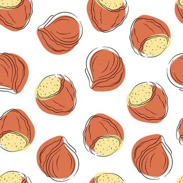 Hazelnut seamless pattern in line art style. Hand drawn, sketch. Vector Stock Illustration