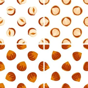 Hazelnut seamless pattern showing whole, half and peeled nuts Stock-Illustration