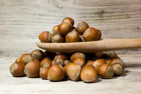 Hazelnut in shell and wooden spoon on wooden background Stock Photos