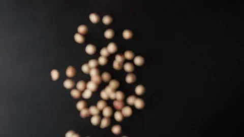 The hazelnut soars to the camera and falls down on a black background. Video stock 168409309
