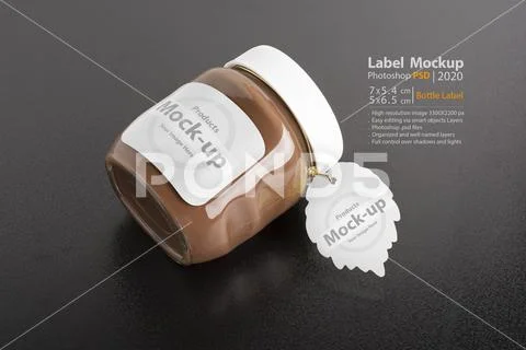 Hazelnut spread chocolate jar with leaf label on black table mock-up series PSD Template
