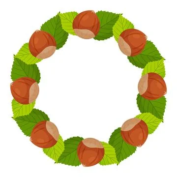 Hazelnut vector wreath with whole nuts in shell and green leaves Stock Illustration