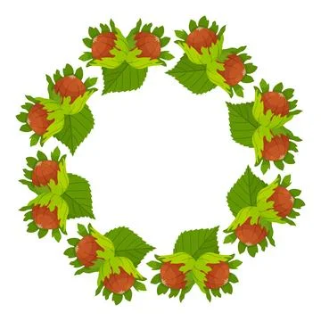 Hazelnut vector wreath with whole nuts in shell and green leaves Stock Illustration