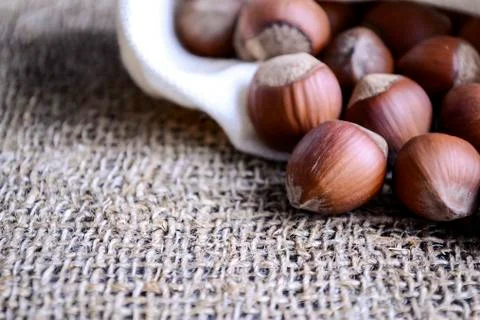 Hazelnuts and nuts lying the table. Healthy snack food. Stock Photos