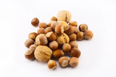 Hazelnuts and walnuts isolated on white Foto stock
