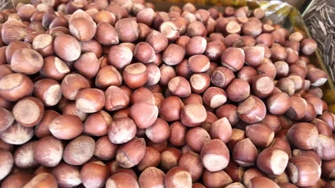 Hazelnuts are displayed in a market stall in Turkey Stock Footage 339831139
