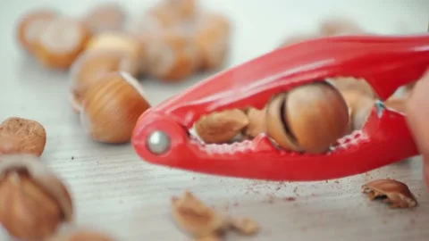 Hazelnuts are split with a nutcrick. On a wooden background. Stock Footage 200786768