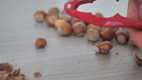 Hazelnuts are split with a nutcrick. On a wooden background. Stock Footage 201626552