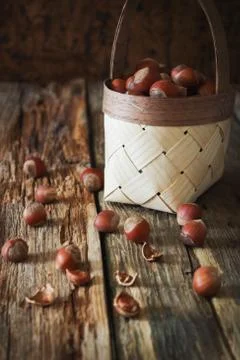 Hazelnuts in a basket Stock Photos