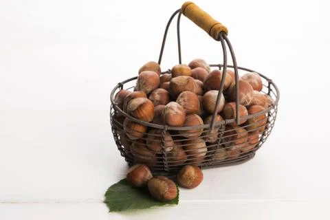 Hazelnuts in basket Stock Photos