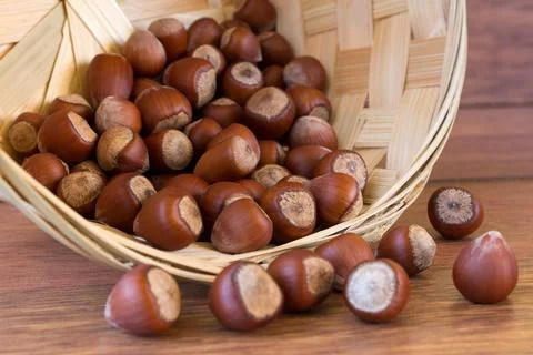 Hazelnuts in basket Stock Photos
