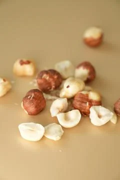 Hazelnuts on Beige Background Close Up Ingredient Shot Stock Photos