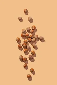 Hazelnuts on a beige background Stock Photos