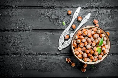 Hazelnuts in a bowl with a Nutcracker. Stock Photos